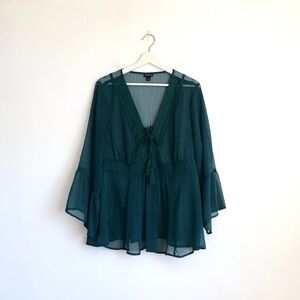Torrid Green Metallic Thread Lace Tie Front Bell Sleeve Sheer Blouse Top Size 1X